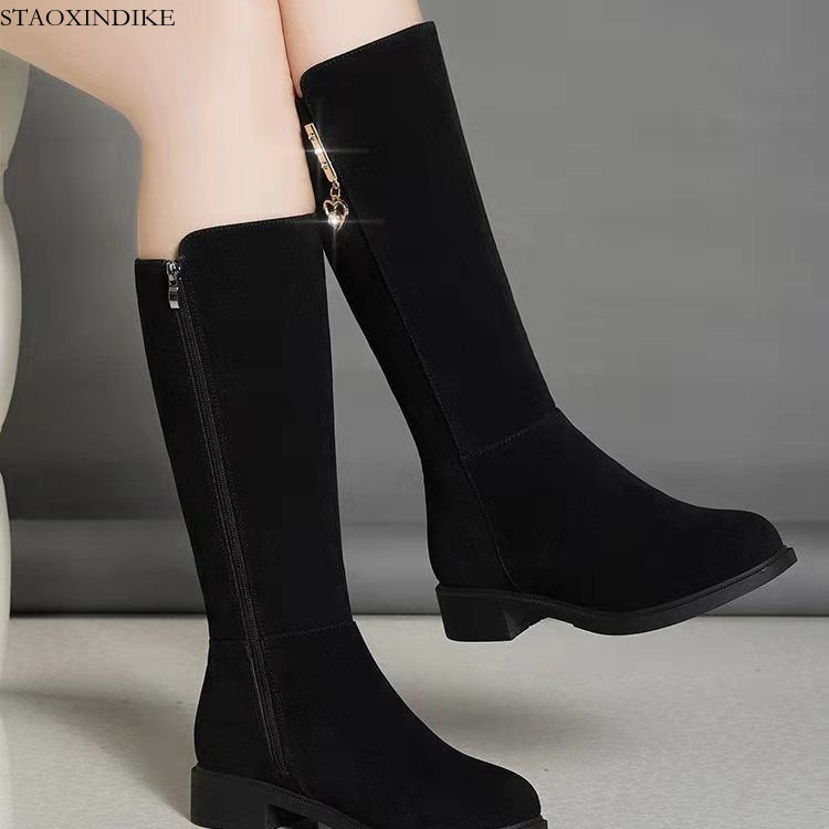 STAOXINDIKE Fleece-Lined Mid-Calf Boots Over-the-Knee Warm Cotton Shoes Snow Boots for Women 2025 Autumn Winter New Flat Versatile Martin Boots