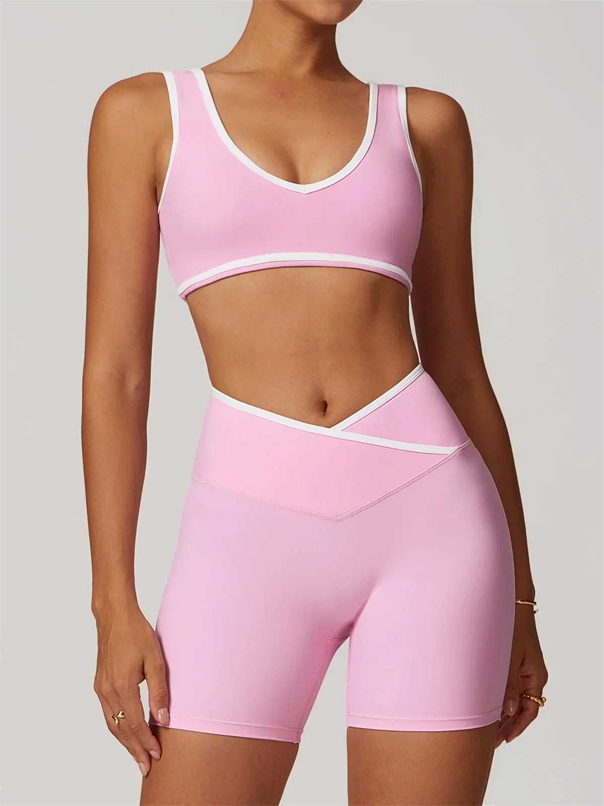 Scrunch Yoga Short Set Women Pink Contrast Padded Bra Crop Top Cross High Waist Sports Pants Fitness Gym Suit TracksuitT251212-image-1088146258