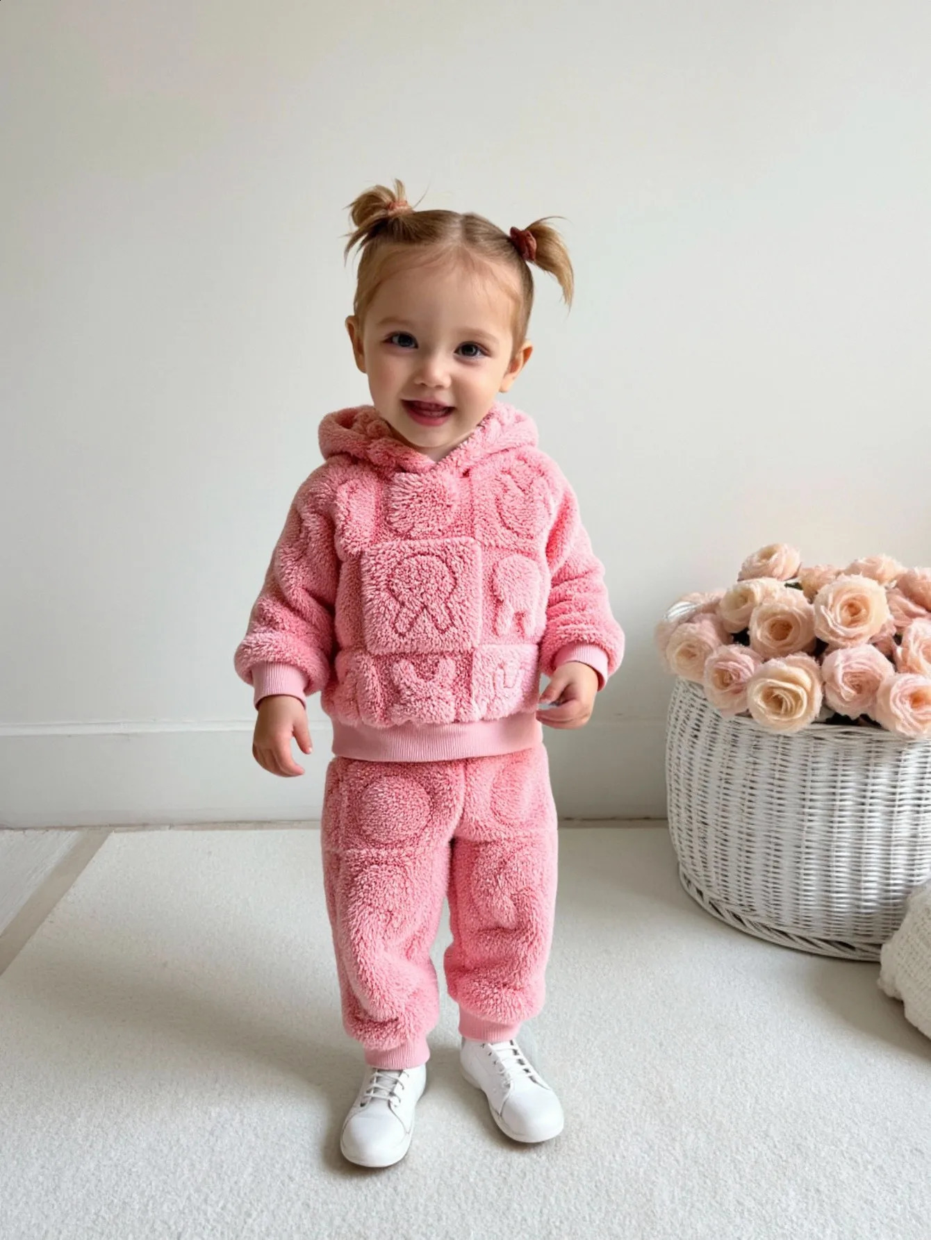 2-piece set of fashionable and cute cartoon patterns for baby girls thick fur fabric hooded top and pants set for winter 251211