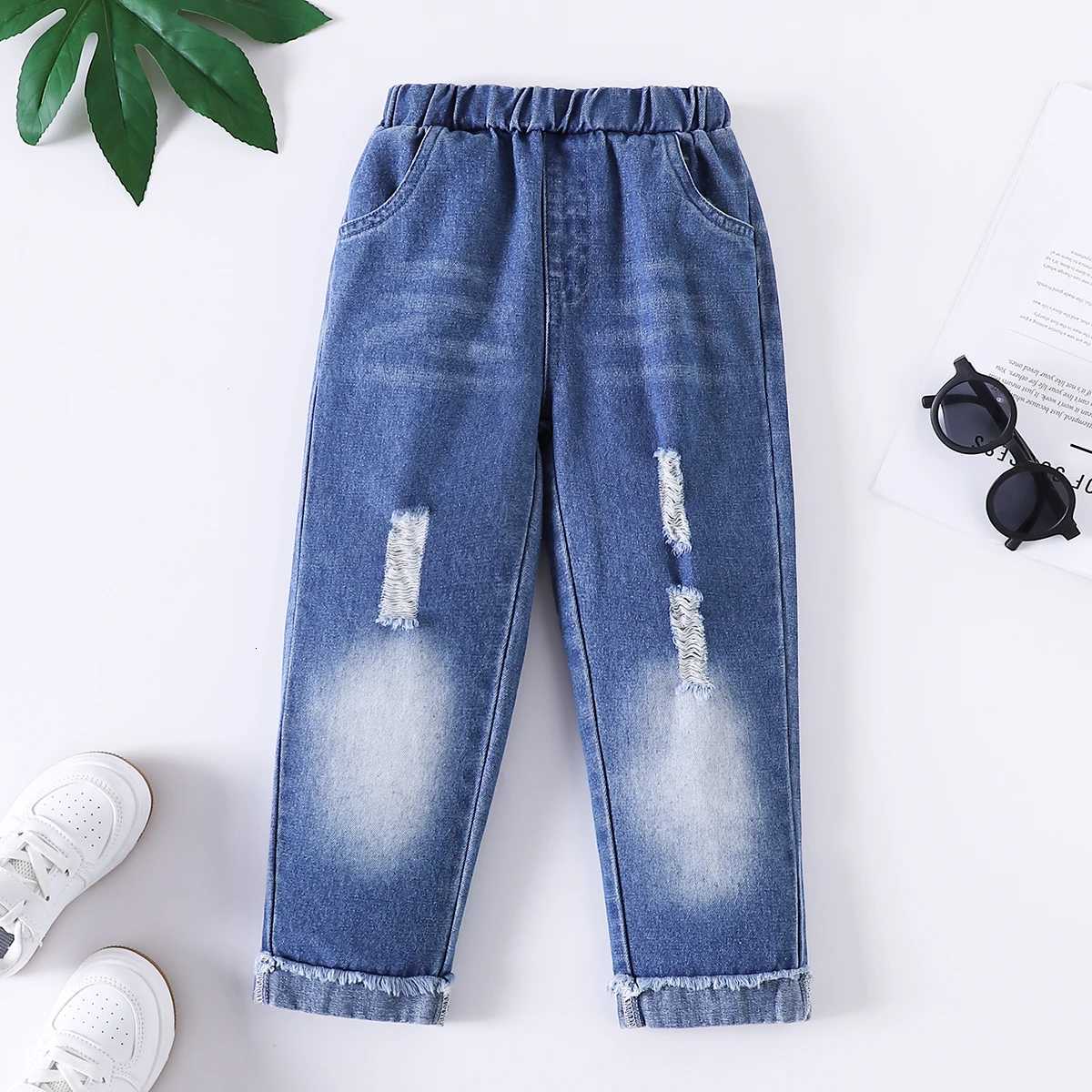 Kids Vintage Washed Denim Jeans with Rips Elastic Waist Comfortable Stretchy Long Pants for Boys And GirlsT251212