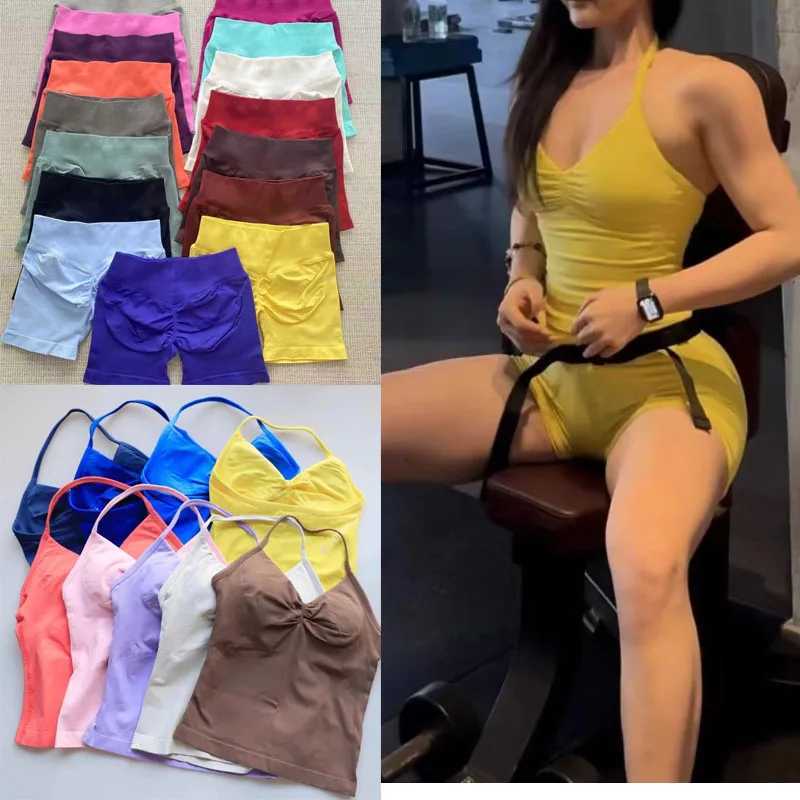 2 sets of sportswear peach-bottomed shorts set drawstring top seamless impact tight shorts yoga outfit fitness setT251212-image-1088147805