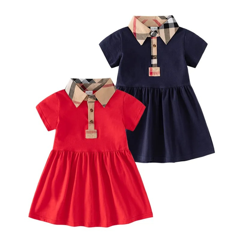 Robe de princesse d'été pour petites filles, tenue à manches courtes, col rabattu, à carreaux, 3 couleurs