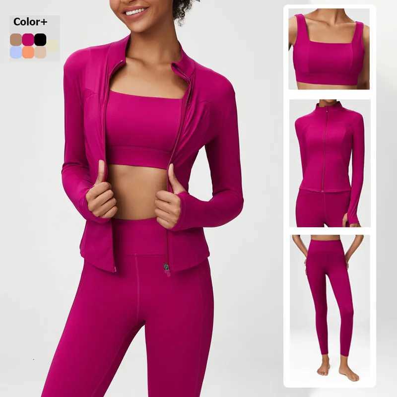 2/3 Pieces Fitness Yoga Set Women Solid Color Stretch Athletic Suit Sexy Bra Zipper Jacket High Waist Leggings Female SportswearT251212-image-1088147486