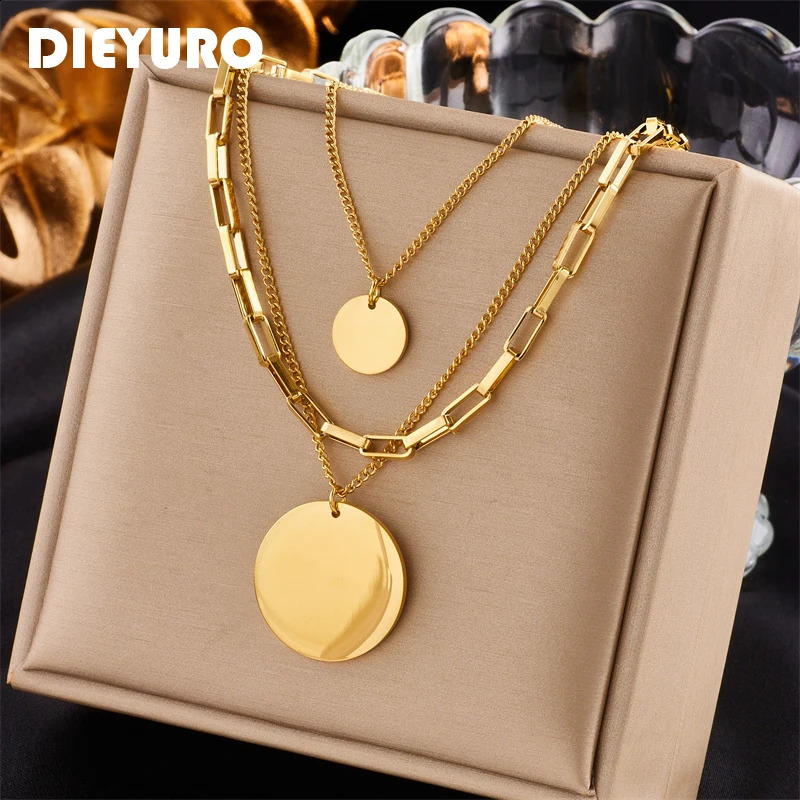DIEYURO 316L Stainless Steel Gold Color 3in1 Round Pendant Necklace For Women Fashion Girls Multilayer Chain Neck Jewelry Gift 251205