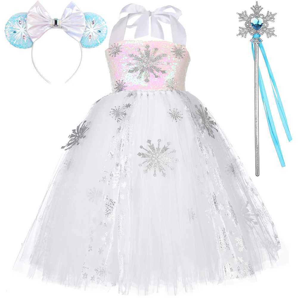 Fiocchi di neve scintillanti Elsa Abito lungo per ragazze Paillettes bianche Costumi Regina delle nevi per bambini Abiti da festa di Natale con bast