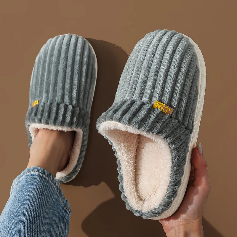 Winter Unisex Concise Solid Color Flat Plush Slippers Non-slip Warm Fluffy Mule Slides For Women Men Home Casual Cotton Shoes 251210