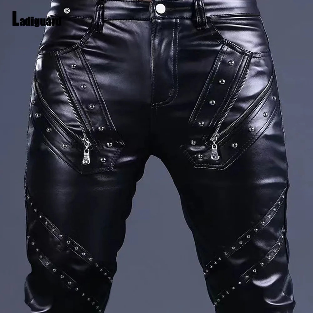 Men Fashion Rock Style PU Leather Pants Sexy Night Club Dance Pants Mens Rivets Zipper Faux Leather Slim Motorcycle Trouser 251210