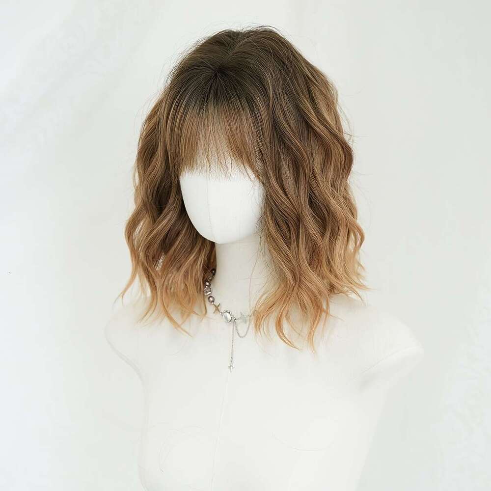 Women's Golden Brown Bob Dark Roots, High Density Synthetic Layered Fiber Hair Natural Water Wave Texture, Glueless No Glue Needed, Rose Net Ca