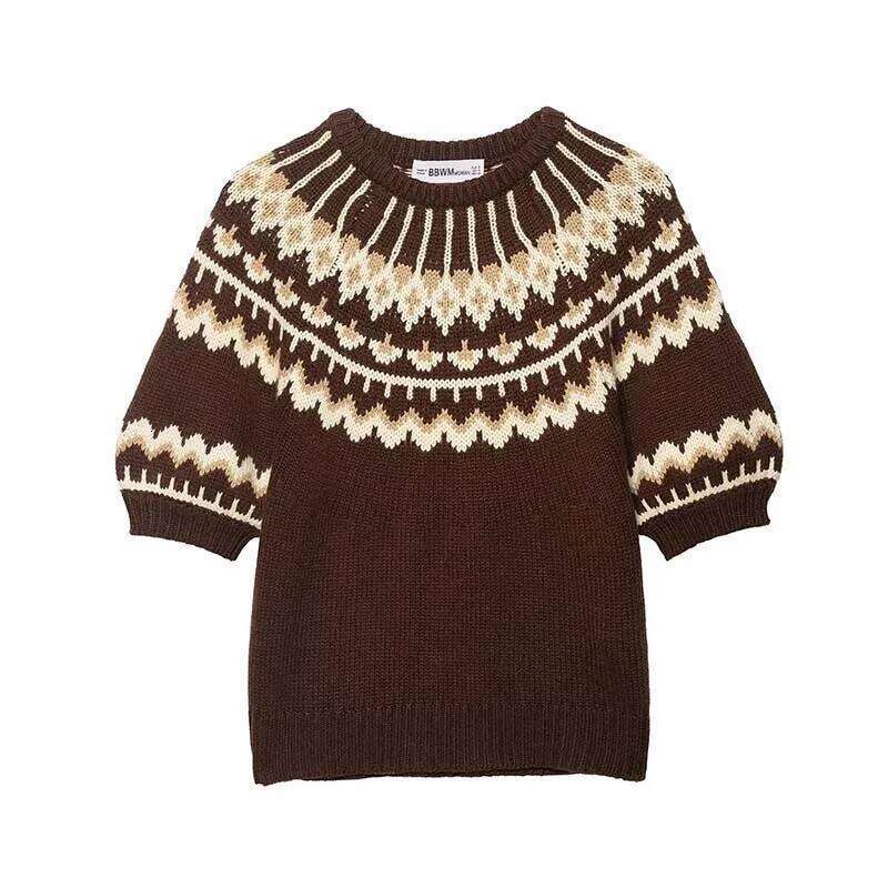 Designer Clothes Chic Autumn Knitted Pullover Women Vintage Jacquard Sweater Fashion Casual Short Sleeve Female Elegant Knitwear Top Hot Selling