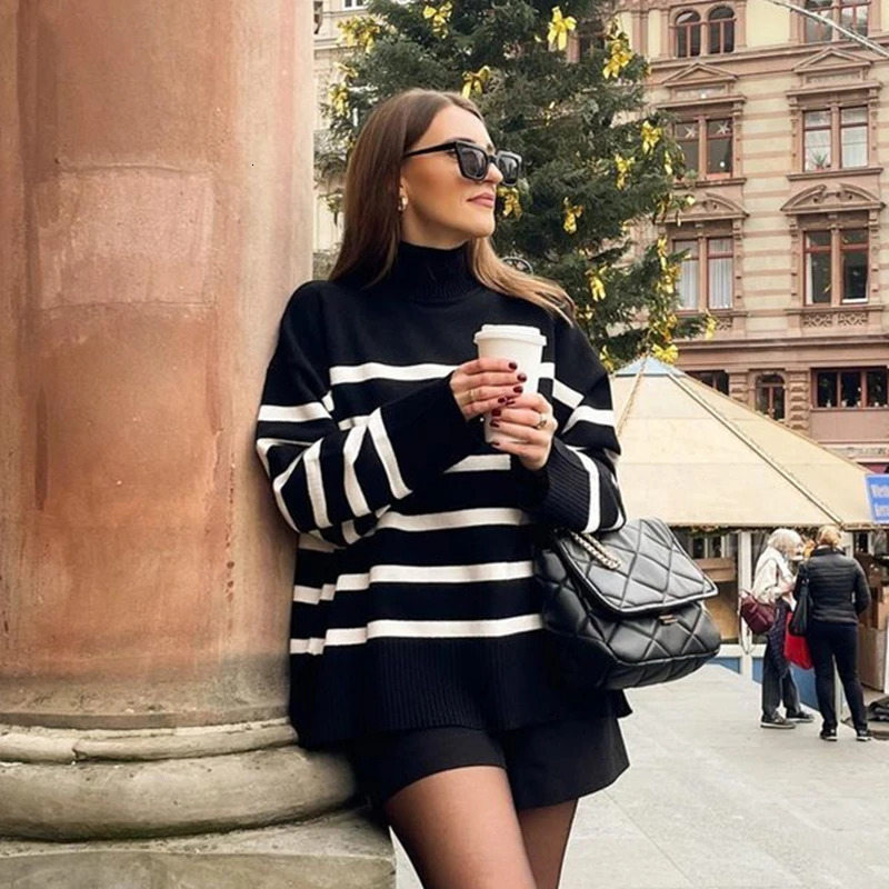 Winter Black And White Stripe Sweater Women Streetwear Loose Pullover Jumper Tops Female Long Sleeve Turtleneck Knitted Sweaters 251211
