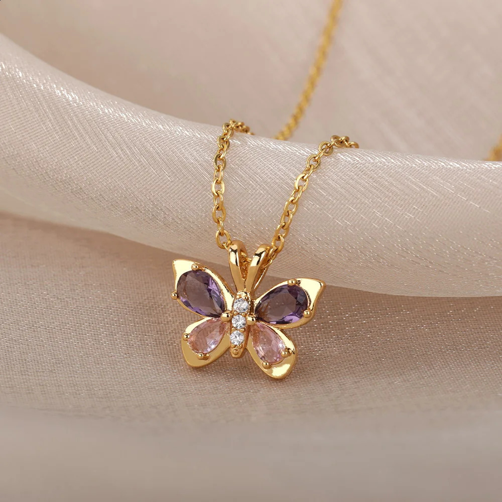 Zircon Butterfly Pendant Necklace For Women Gold Color Stainless Steel Necklaces Couple Aesthetic Jewelry Free Items BFF 251205