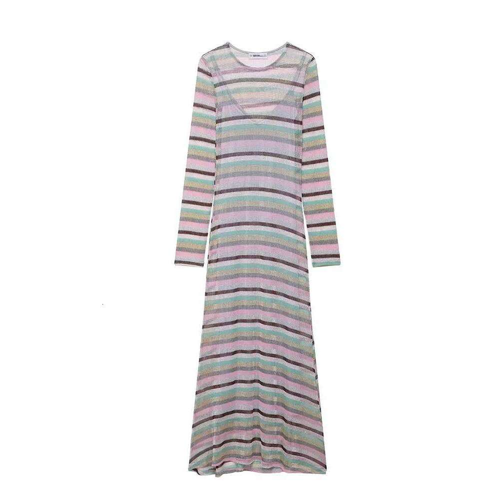 Designer Clothes Chic Elegant Fashion Sleeved Round Neck Stripe Light And Thin Long Dress Women Summer Evening Party Dresses Hot Selling