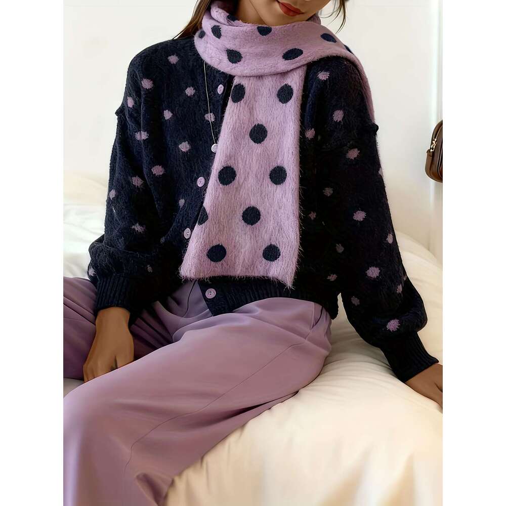 Elegant Fashionable Women's New Polka Dot Round Neck Loose Top With Matching Color Double-Sided Fabric Scarf, Made Of Warm And Comfortable Fabr