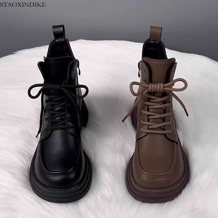 STAOXINDIKE Ins Style Martin Boots for Women 2025 New Autumn Winter Fleece-Lined Short Boots British Style Soft Leather Slim Boots Internet Celebrit