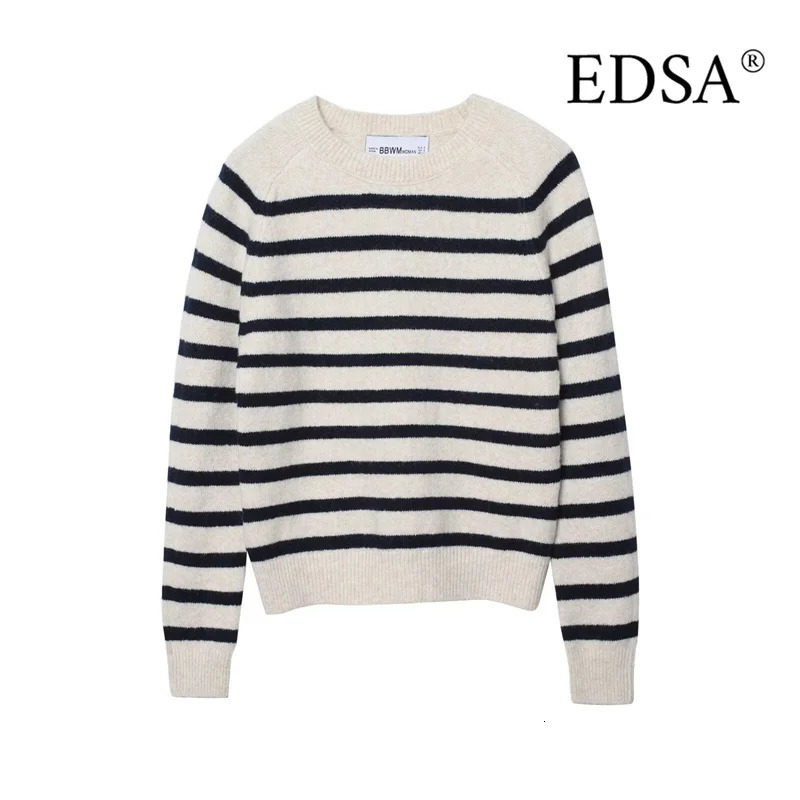 EDSA Women Striped Knitted Sweater Round Neck Long Sleeves Pullovers Spring Autumn Casual Female Tops 251211