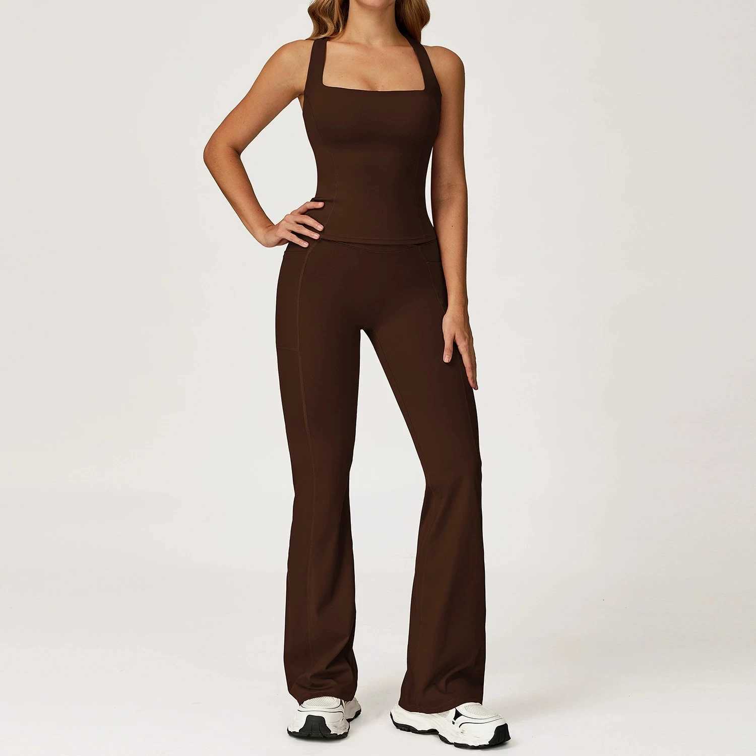 2-piece Yoga Suit Women Sports Shirts Workout Tank Top Cross High Waist Flare Leggings Fitness Sets Gym Running Exercise SetT251212-image-1088147095