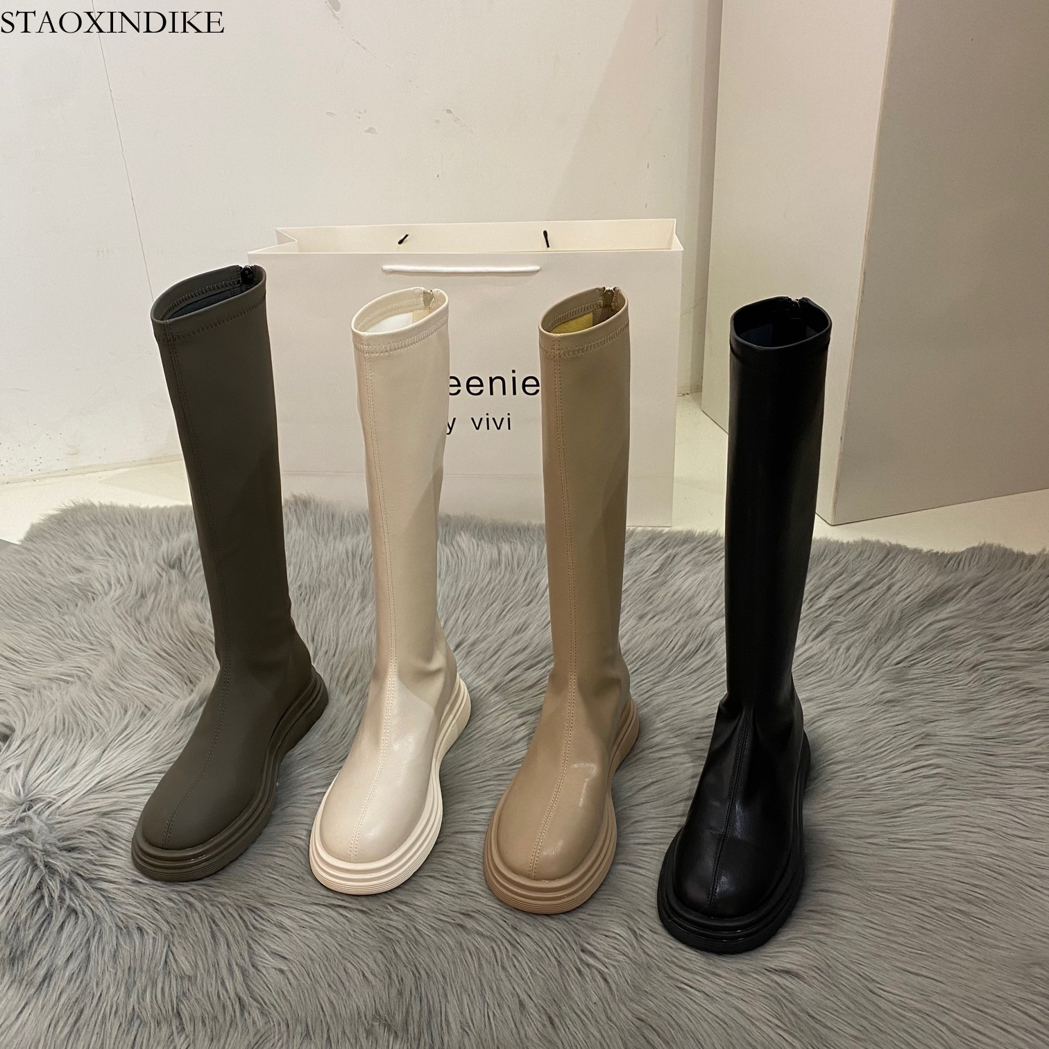 STAOXINDIKE Brown Martin Boots 2025 New Women's Spring and Autumn Single Boots Chelsea Boots Slim Boots Chimney Boots White Long Boots for Wome