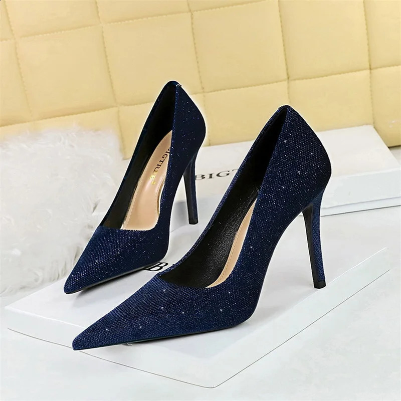 Versatile Style Fashion Women Bling Party Pumps Thin Super High Heel Shallow Mouth Pointed Toe Corduroy Wedding Single Shoes 251209
