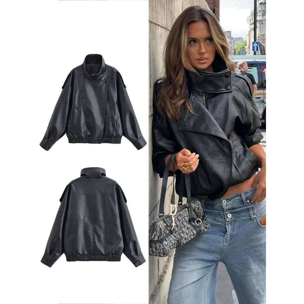 HH Women Fall 2025 New Black Long Sleeve Turtleneck Faux Leather Jacket Motorcycle Style Personality Fashion Coat Outwear
