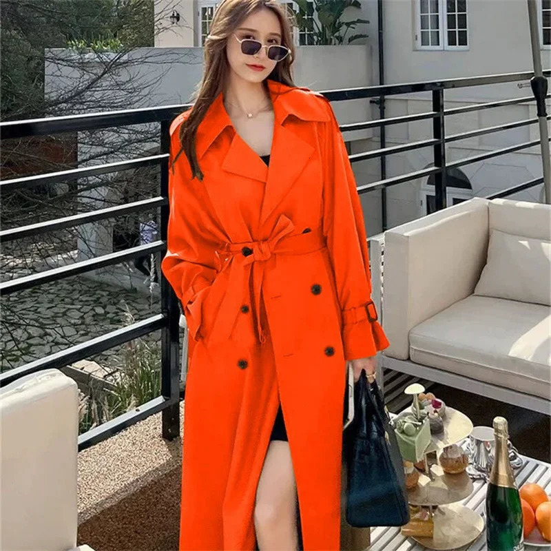 Mid-Length Womens Coat Over-Knee British Style Windbreaker Long Sleeve Solid Color Flip Collar Coat for plus Size And Shorter P251205