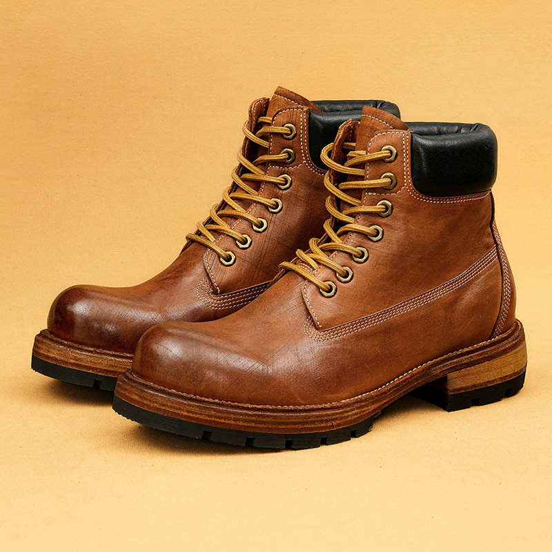 Fashionable retro men's mid top leather boots new leather outsole motorcycle work boots horse leather shoes Goodyear designer shoes