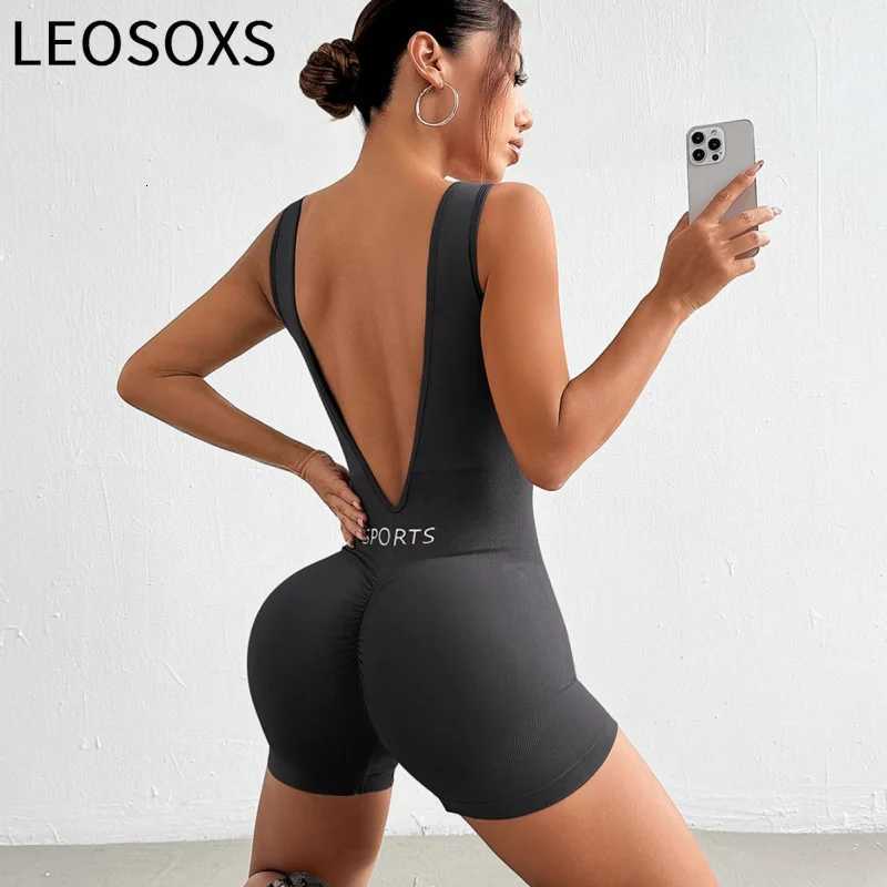LEOSOXS Womens Short Tracksuit Yoga Set One-Piece Sportswear Womens Gym Workout Clothes Fitness Stretch Bodysuit Yoga SuitT251212-image-1088148293