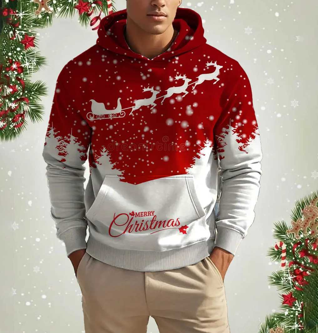 Christmas Elk Print Mens Hoodies Sweatshirts Autumn Winter Casual New Year Clothing Fashion Loose Hooded Pullover Xmas Tops W251211