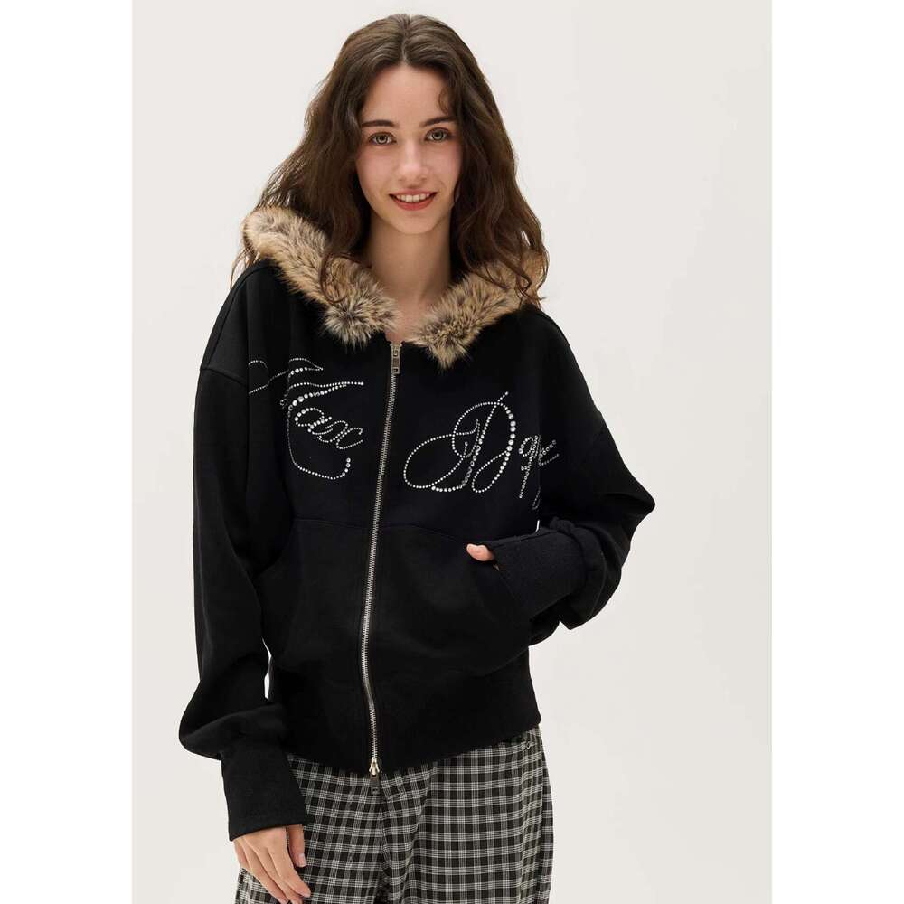 Nuova felpa con cappuccio con cerniera con collo in pelliccia con strass lettera y2k per donna Giacca con cappuccio dimagrante Produttore disponibil
