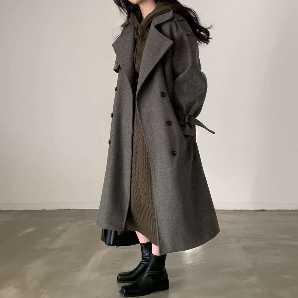 Korean Chic Winter French Style Commuter Double-Breasted Lace-Up Warm Thick Long Wool Coat For Women B5