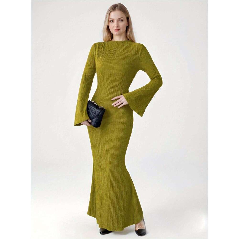 Womens Fashion Long Sleeve Dress Flared Skirt Design Slim Fit Solid Color Round Neck Perfect For Elegant Womens