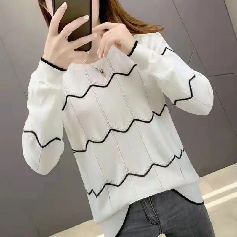 Women Korean Fashion Striped Simple Hollow All Match Knitted Sweater Female Casual O Neck Long Sleeve Loose Pullover Tops Jumper 251211