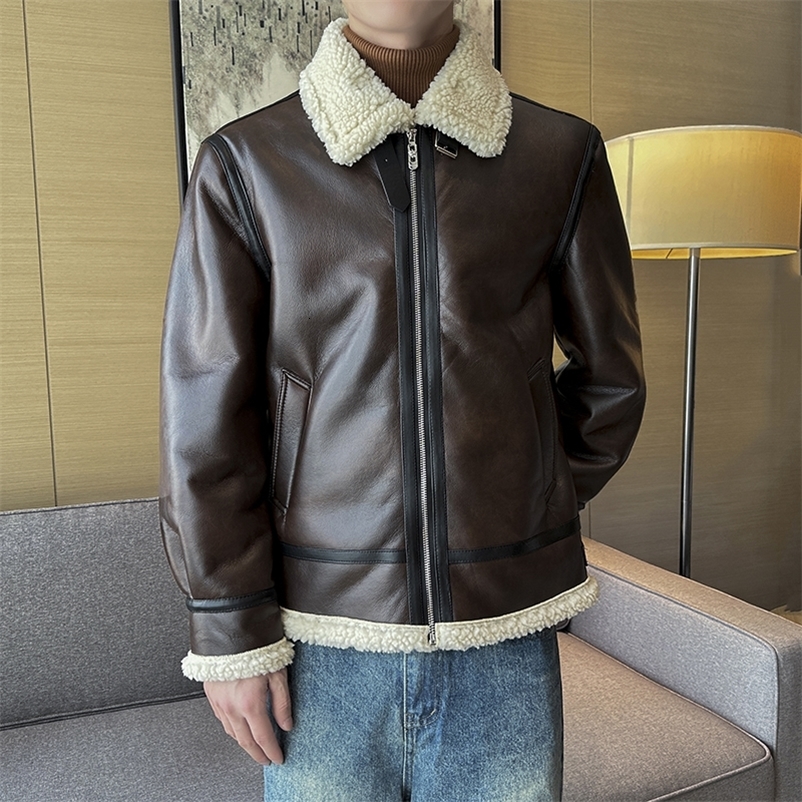 Autumn and winter warm thick leather jacket for mens trendy slim fit lapel motorcycle suit mens leather jacket 251205