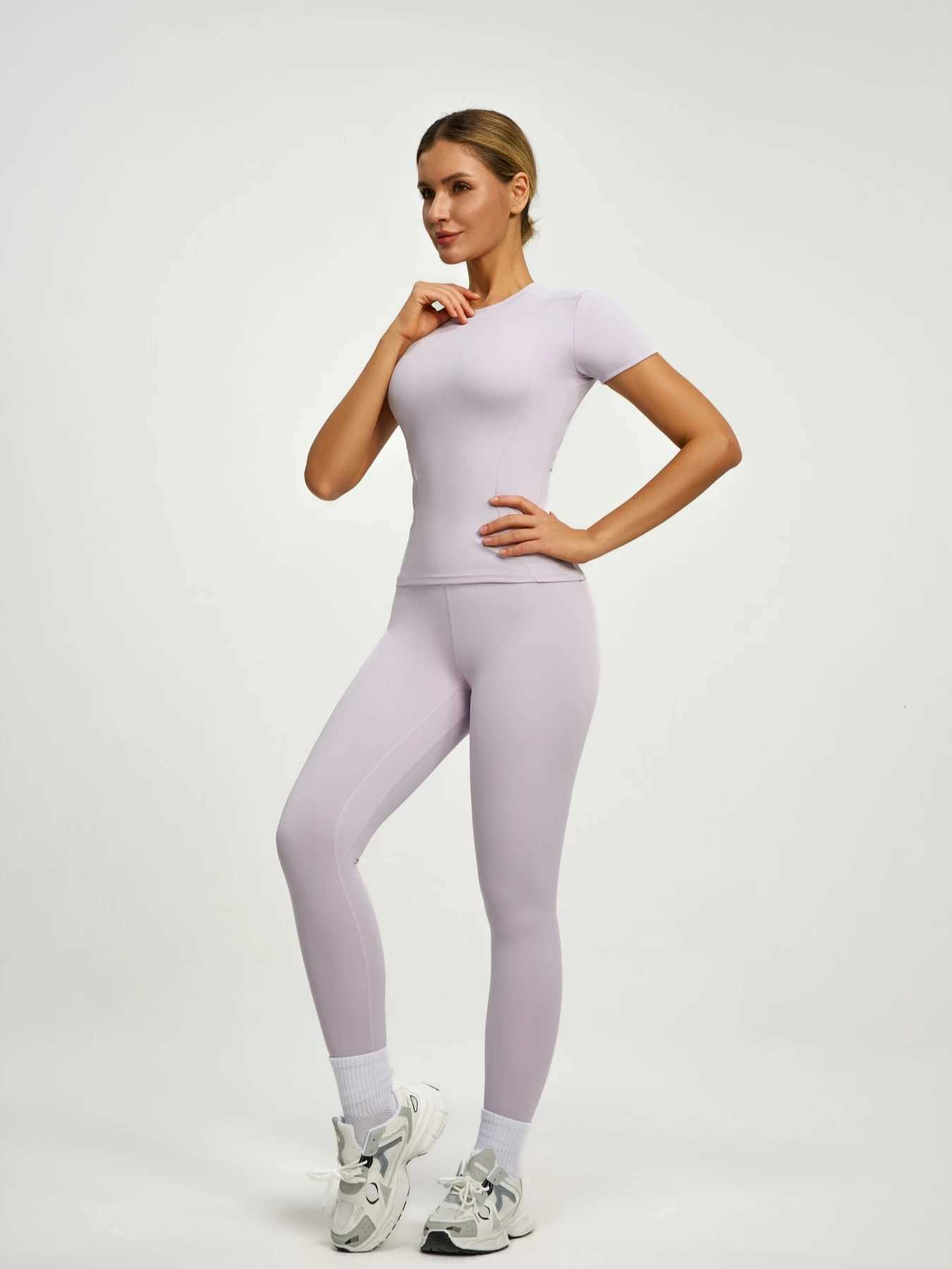 Fitfemme Womens Short Sleeve Yoga Outfit Set - Buttery Soft High - Waisted Leggings and Fitted Top for Workout Gym RunningT251212-image-1088147612