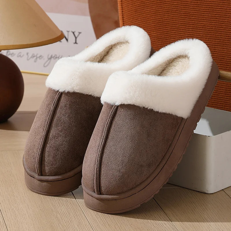 Womens plush slippers winter outdoor thick sole non-slip fur flip flops with fur collar warm unisex house shoes for home use 251210