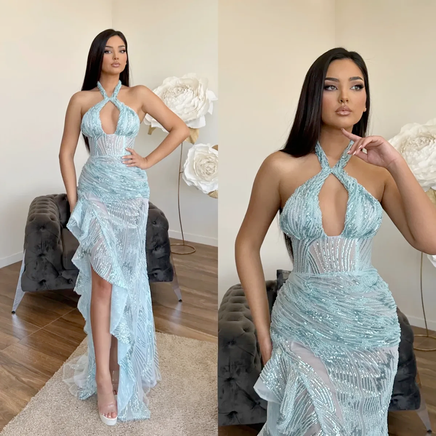 Abiti da sera da donna sexy Sweetheart Neck Halter Abito senza maniche Paillettes Split Side Sweep Train Dress Per la festa Custom Made BC4502