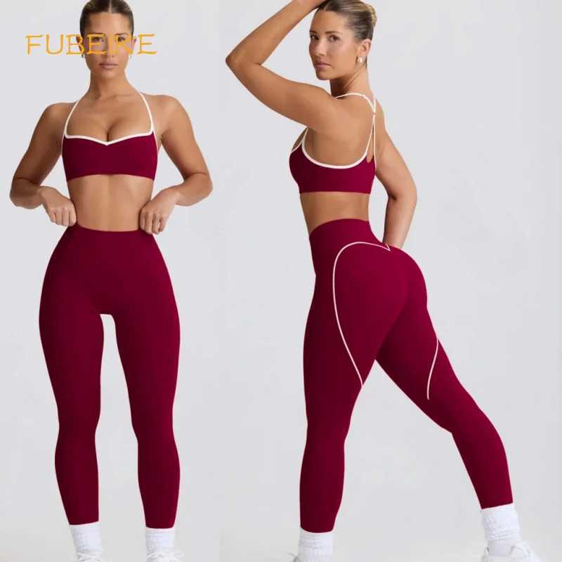 FUBEIKE Pant Sets Yoga Suit Sports Top Peach Heart Hip Lifting Cropped Pants Fitness Womens Two Pieces Set Female ClothingT251212-image-1088149314