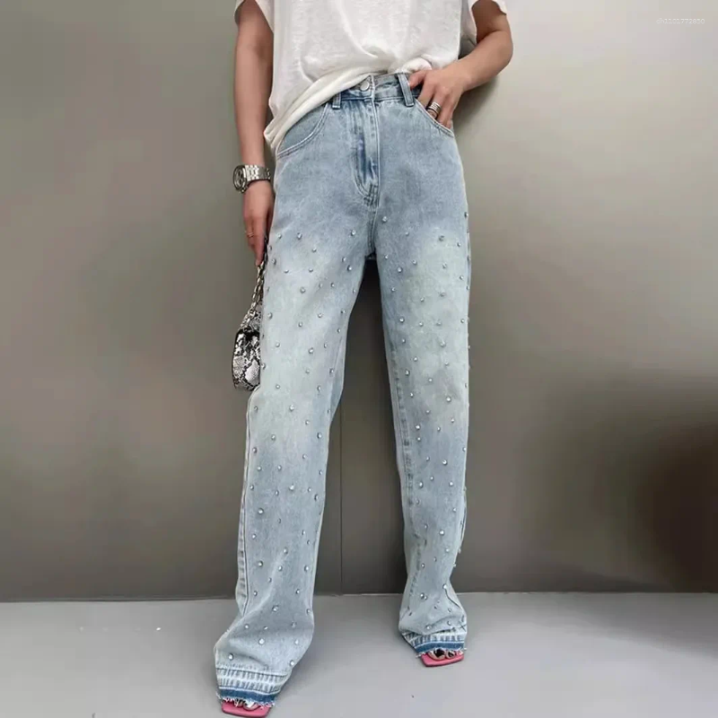 Jeans da donna Mamma Pantaloni dritti Pantaloni in denim da donna Vita alta Diamanti Tasche lavate vintage in difficoltà 2025 Streetwear Lunghezza d