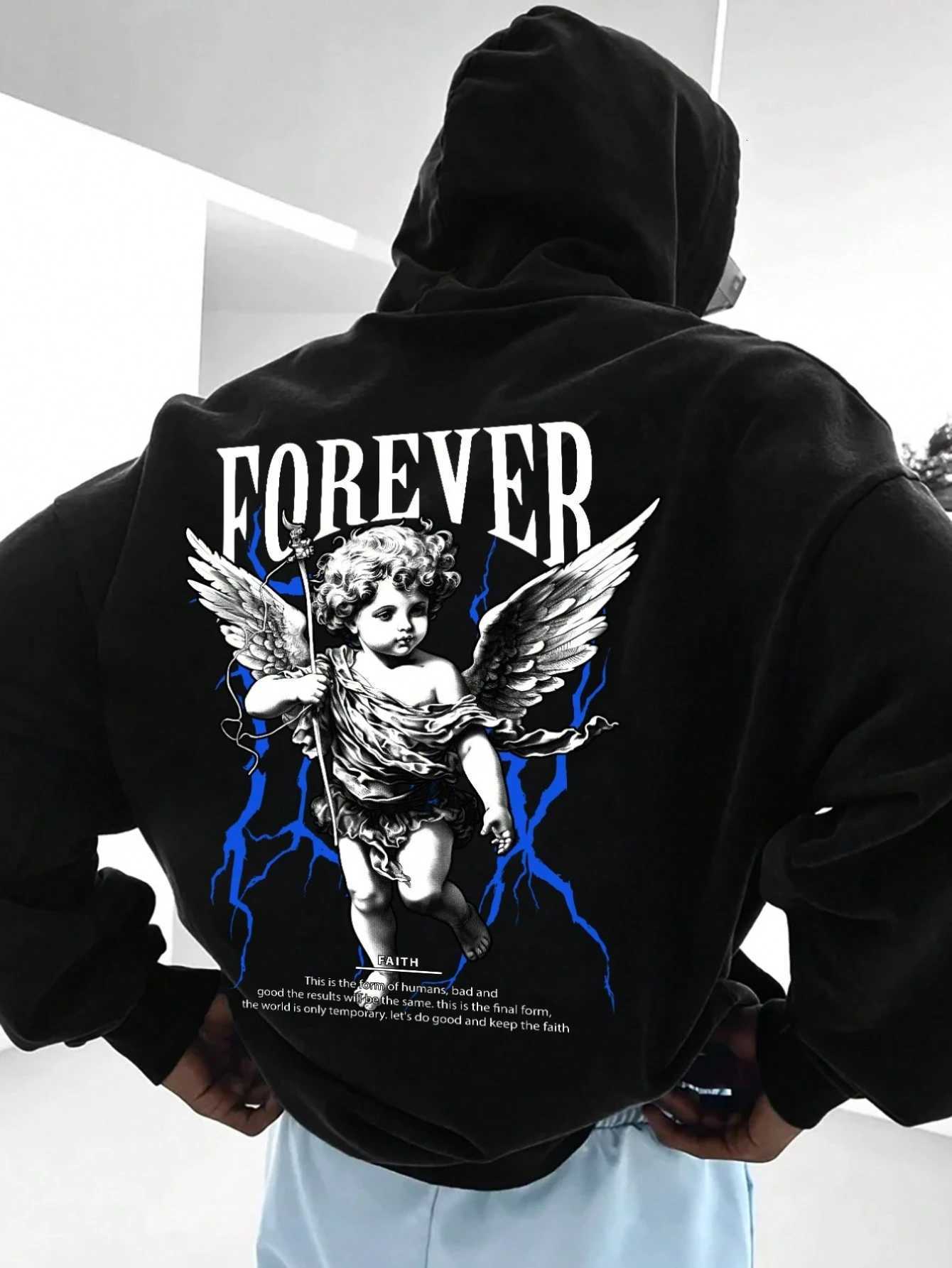 European and American mens autumn angel print comfortable soft hooded sweatshirt outdoor urban high street clothing W251211