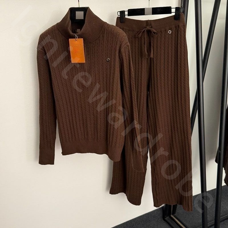 Womens Two Piece Pants Comfortable Women'Knitted Set Metal Circle Decoration Half Zipper Stand Up Collar Knitted Sweater Sweater+Pants L1289