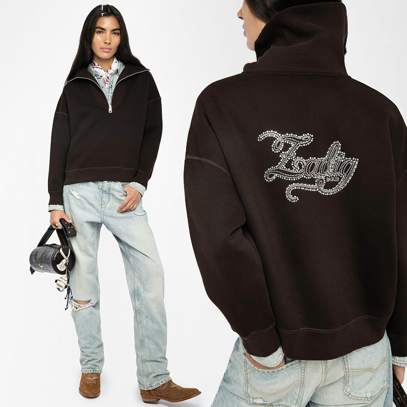 Fall Winter Women's Fleece Sweatshirt Back Letter Embroidery Hot Rhinestone Half Zipper Lady Turn-down Collar Top New 2025