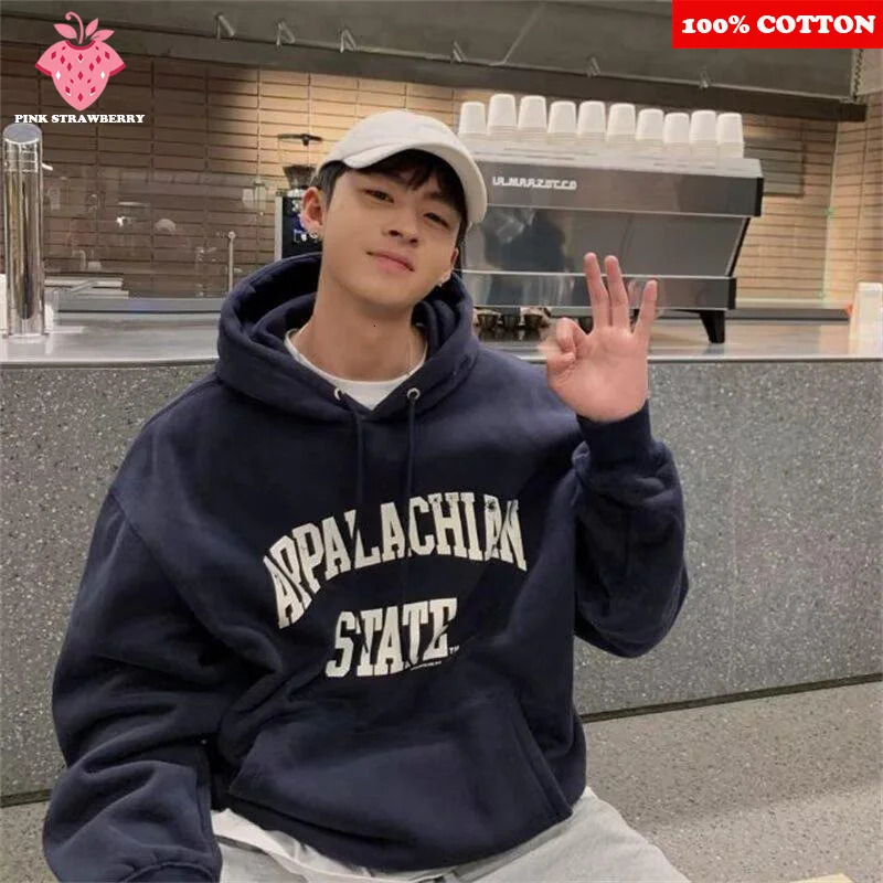 Navy blue Plush Hoodies Men Autumn Winter American Street Oversize Warm Pullover Sweatshirt Loose Y2K Tops clothing 251210