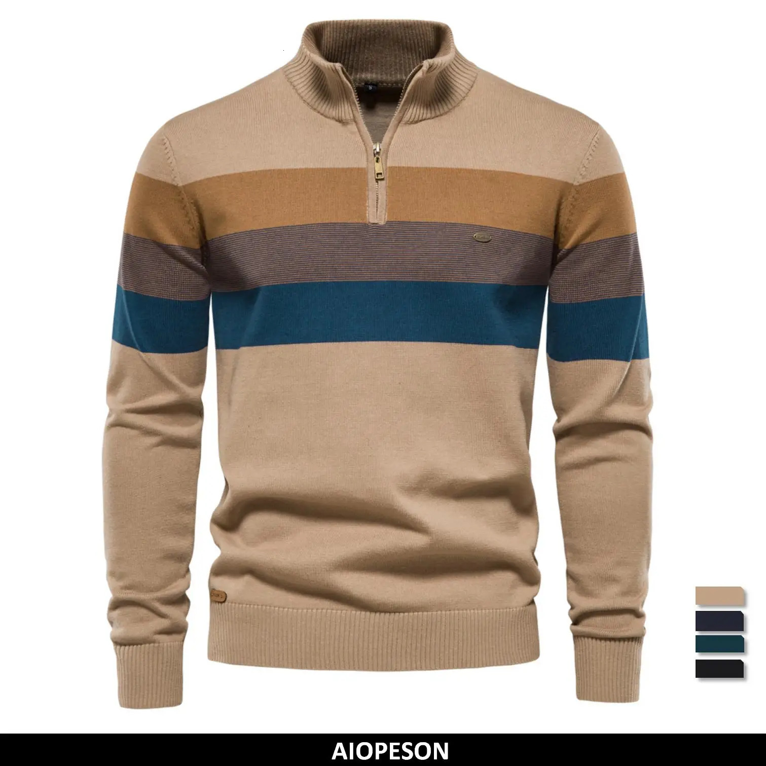 AIOPESON Mens Cotton Mock Neck Stand Collar Sweaters Quarter Zipper Pullover Autumn Winter Warm Social Casual Sweater for Men251210