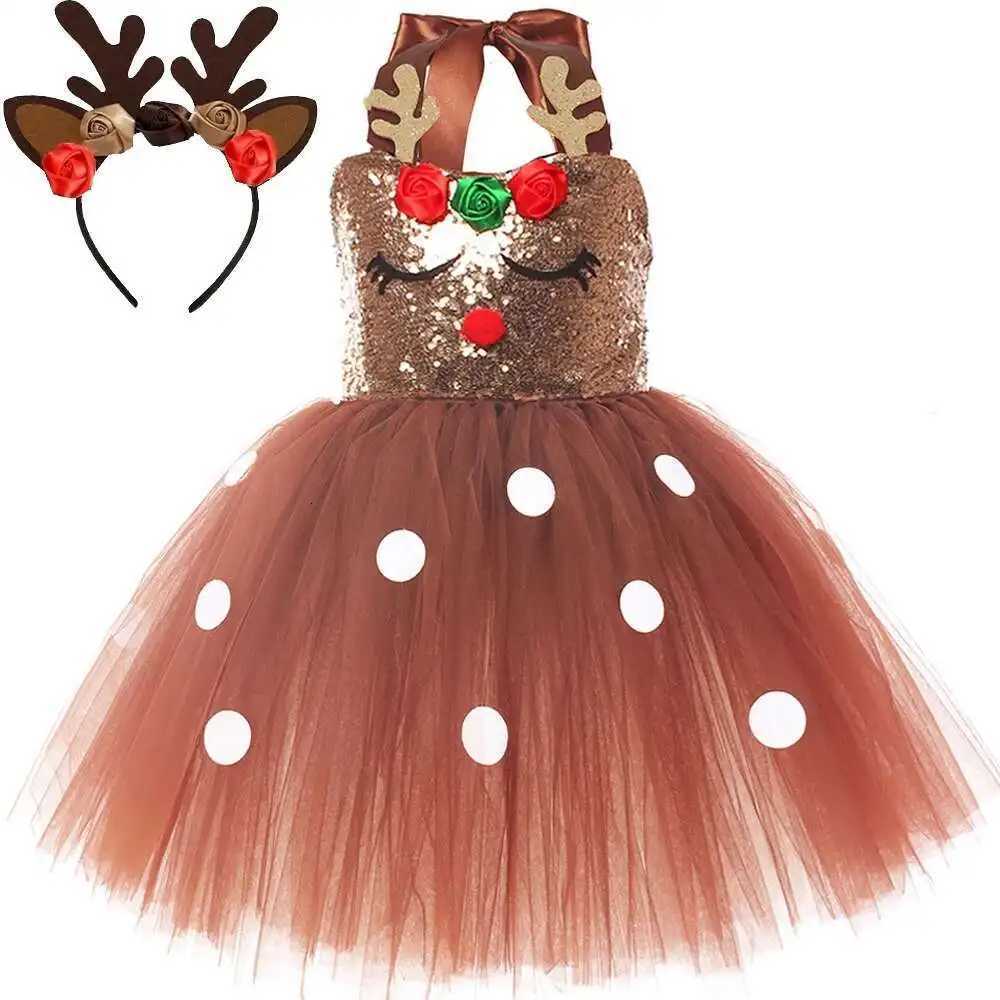 Brown Sequins Deer Costumes for Baby Girls Christmas Princess Dresses Kids Reindeer Outfit Children New Year Clothes Xmas Gift X251212