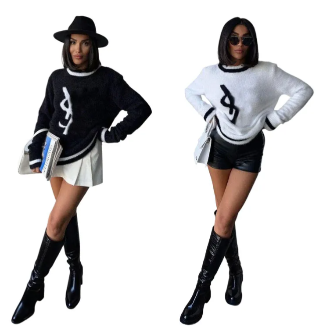 Women Sweaters Letter Jacquard Knitted Pullovers Autumn Winter Fashion Vintage round neck Sweaters Comfortable Soft Wool Sweater Tops