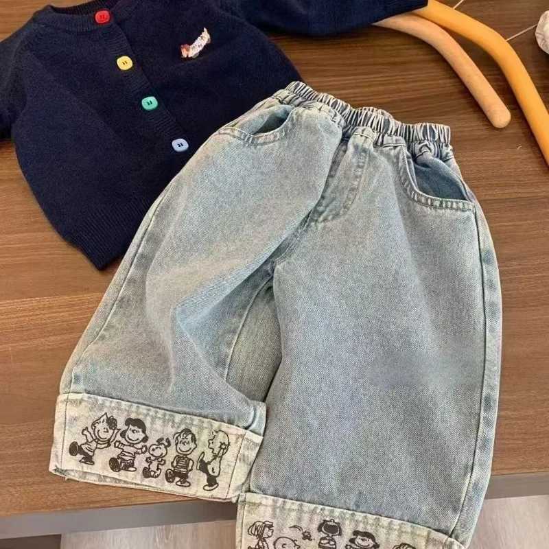 Spring Autumn Girls Boy Wide Jeans Korean Casual Cartoon Outwear Children Boy Denim Pants Loose Elastic Waist Kid Boys TrousersT251212