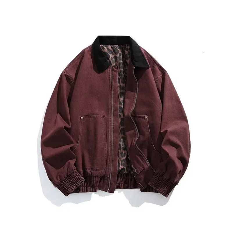 Mens Vintage Pure Cotton Jacket Collared Outerwear Leopard Print Detroit Denim Jacket Spring and Autumn Leather Bomber Jacket 251205CJ