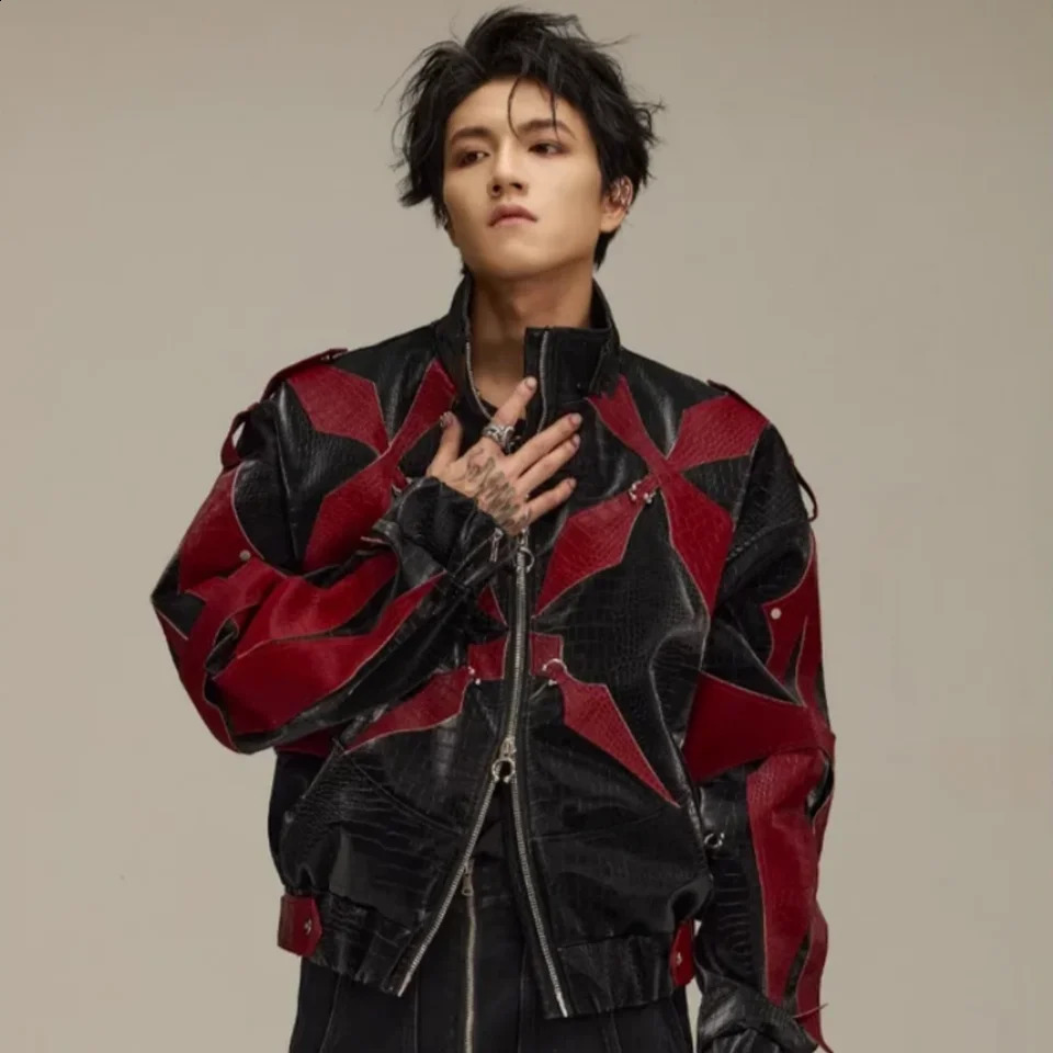 Crocodile patterned flying leather jacket mens PU leather spliced motorcycle suit 251210