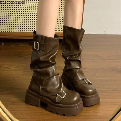 STAOXINDIKE Brown Versatile Thick-Soled Height-Increasing Martin Boots for Women 2025 New Spring and Autumn American Retro Melad Mid-Calf Boots