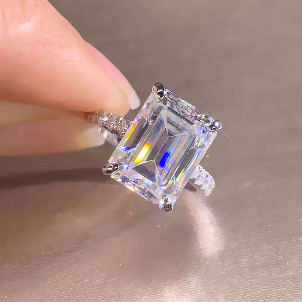 925 Silver Emerald Cut Square Classic Full Diamond Carbon Silicon Stone Women's Engagement Wedding Large Ring with GRA Certificate