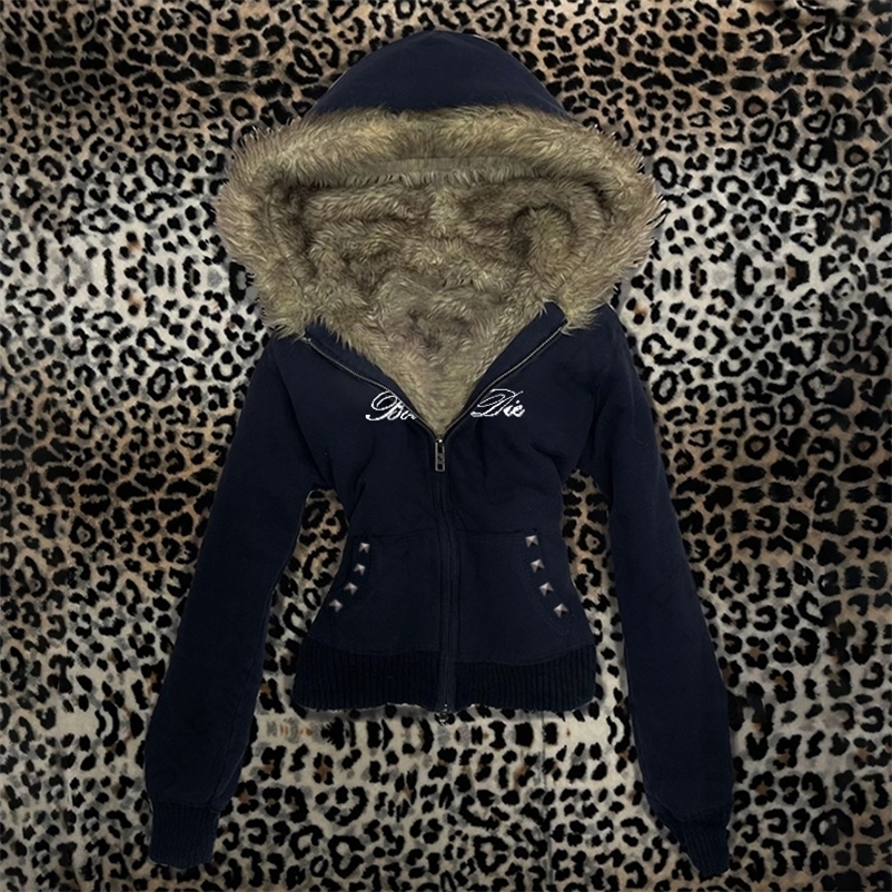 Y2K Harajuku Aesthetic Womens Fur Collar Hoodie Sexy Slim Chic Casual Solid Color Cardigan Sweatshirt Goth Punk Rock Streetwear 251211